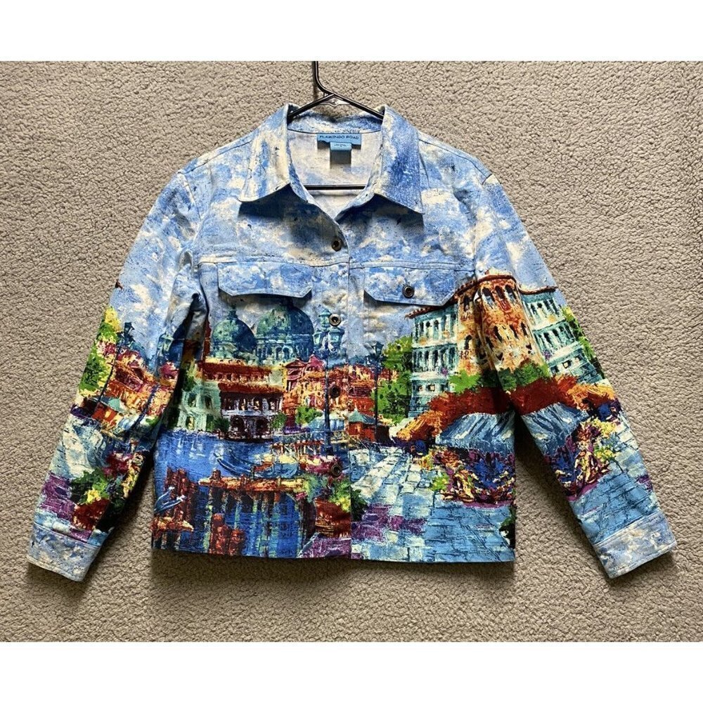 Flamingo Road shirt Womens Medium Beach Art Design Watercolors Sequins jacket